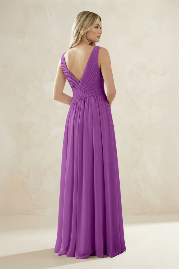 V - Neck Pleated A - Line Bridesmaid Dress in Amethyst - KissProm Bridesmaid Dresses