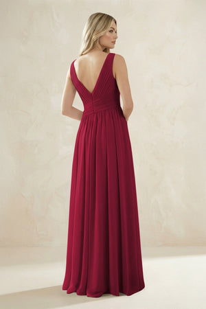 V - Neck Pleated A - Line Bridesmaid Dress in Berry - KissProm Bridesmaid Dresses