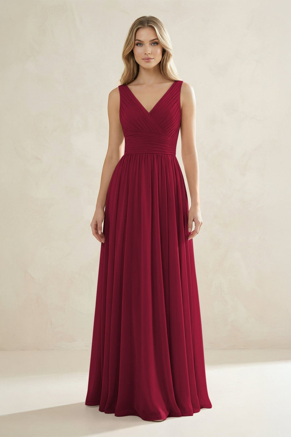 V - Neck Pleated A - Line Bridesmaid Dress in Berry - KissProm Bridesmaid Dresses
