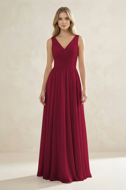 V - Neck Pleated A - Line Bridesmaid Dress in Berry - KissProm Bridesmaid Dresses