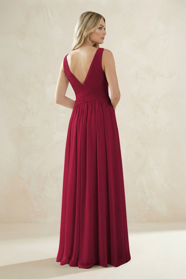 V - Neck Pleated A - Line Bridesmaid Dress in Berry - KissProm Bridesmaid Dresses