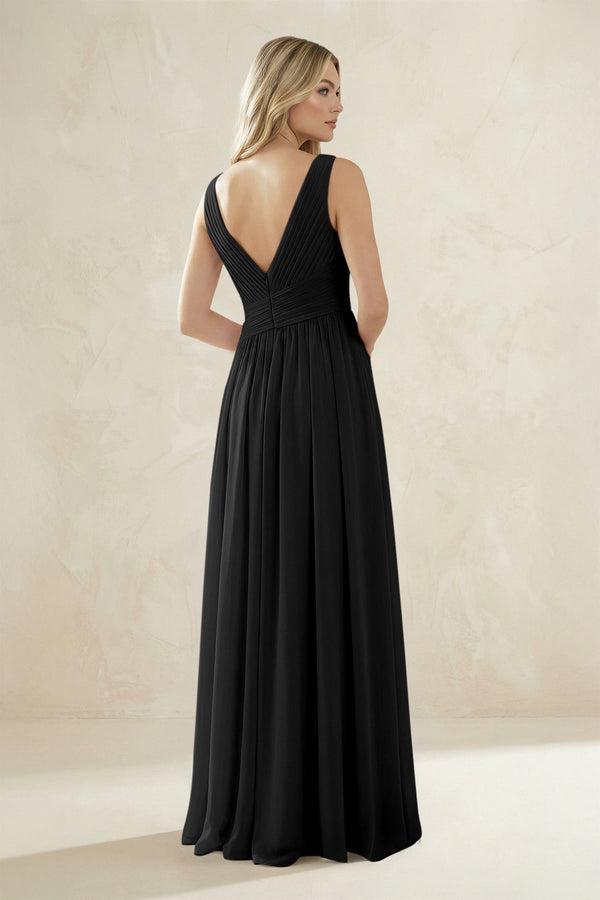 V - Neck Pleated A - Line Bridesmaid Dress in Black - KissProm Bridesmaid Dresses