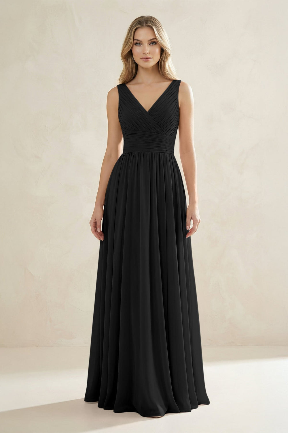 V - Neck Pleated A - Line Bridesmaid Dress in Black - KissProm Bridesmaid Dresses