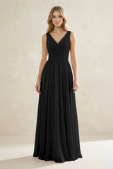 V - Neck Pleated A - Line Bridesmaid Dress in Black - KissProm Bridesmaid Dresses