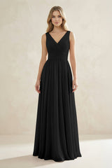 V - Neck Pleated A - Line Bridesmaid Dress in Black - KissProm Bridesmaid Dresses