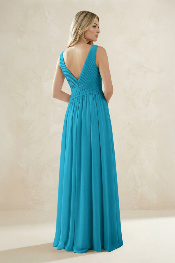 V - Neck Pleated A - Line Bridesmaid Dress in Blue Jay - KissProm Bridesmaid Dresses
