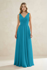 V - Neck Pleated A - Line Bridesmaid Dress in Blue Jay - KissProm Bridesmaid Dresses