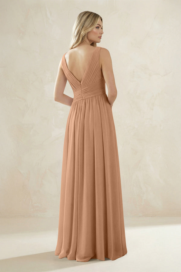 V - Neck Pleated A - Line Bridesmaid Dress in Bronzer - KissProm Bridesmaid Dresses