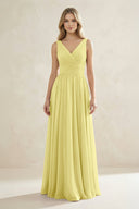V - Neck Pleated A - Line Bridesmaid Dress in Buttercup - KissProm Bridesmaid Dresses