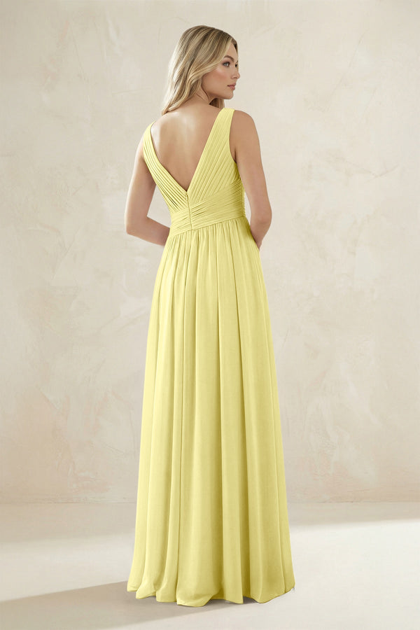 V - Neck Pleated A - Line Bridesmaid Dress in Buttercup - KissProm Bridesmaid Dresses