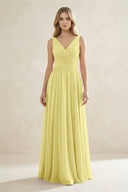 V - Neck Pleated A - Line Bridesmaid Dress in Buttercup - KissProm Bridesmaid Dresses