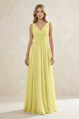 V - Neck Pleated A - Line Bridesmaid Dress in Buttercup - KissProm Bridesmaid Dresses