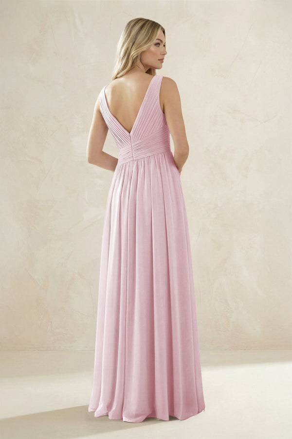 V - Neck Pleated A - Line Bridesmaid Dress in Candy Pink - KissProm Bridesmaid Dresses