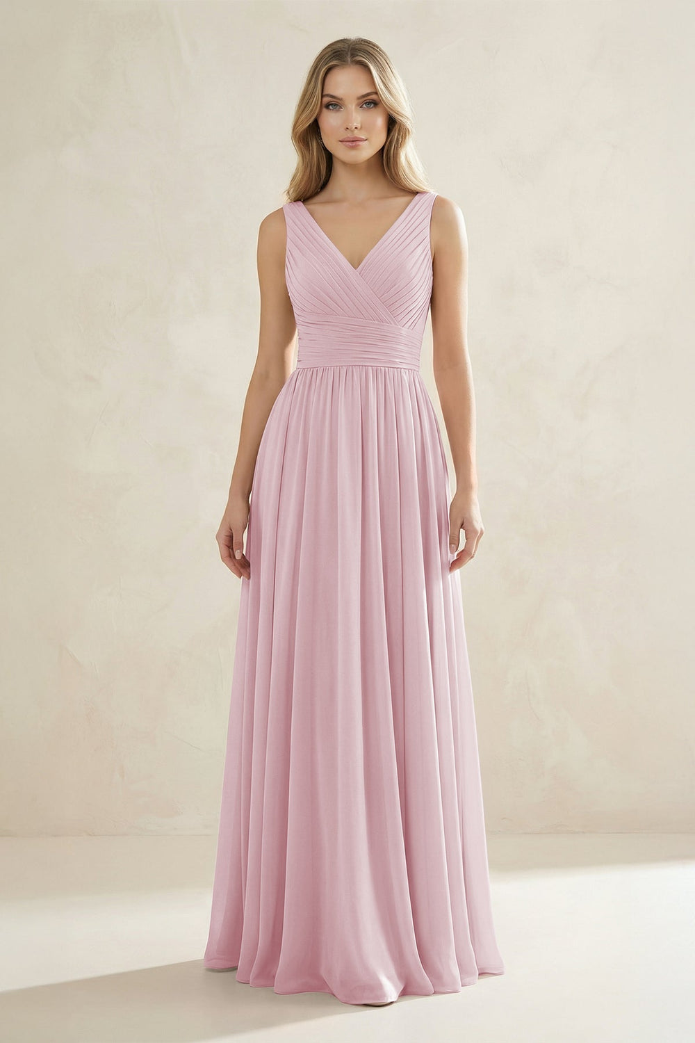 V - Neck Pleated A - Line Bridesmaid Dress in Candy Pink - KissProm Bridesmaid Dresses
