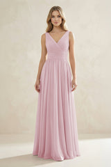 V - Neck Pleated A - Line Bridesmaid Dress in Candy Pink - KissProm Bridesmaid Dresses