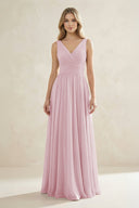 V - Neck Pleated A - Line Bridesmaid Dress in Candy Pink - KissProm Bridesmaid Dresses