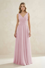 V - Neck Pleated A - Line Bridesmaid Dress in Candy Pink - KissProm Bridesmaid Dresses