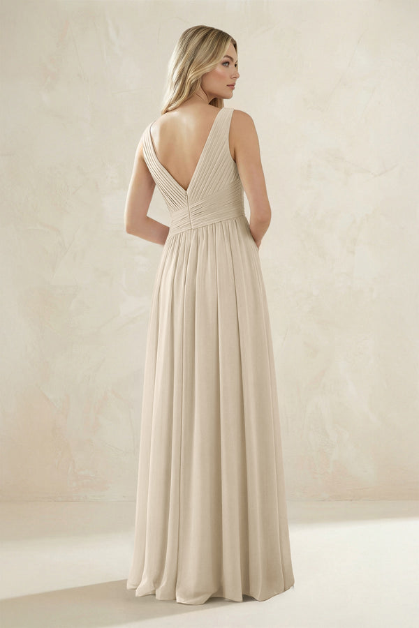 V - Neck Pleated A - Line Bridesmaid Dress in Champagne - KissProm Bridesmaid Dresses