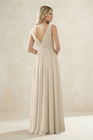 V - Neck Pleated A - Line Bridesmaid Dress in Champagne - KissProm Bridesmaid Dresses