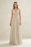 V - Neck Pleated A - Line Bridesmaid Dress in Champagne - KissProm Bridesmaid Dresses