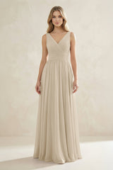 V - Neck Pleated A - Line Bridesmaid Dress in Champagne - KissProm Bridesmaid Dresses