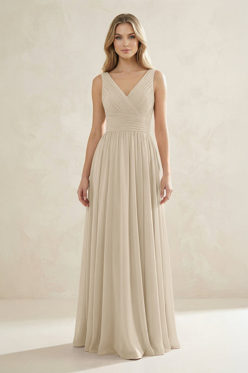 V - Neck Pleated A - Line Bridesmaid Dress in Champagne - KissProm Bridesmaid Dresses