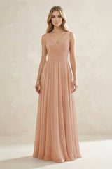 V - Neck Pleated A - Line Bridesmaid Dress in Champagne Rose - KissProm Bridesmaid Dresses