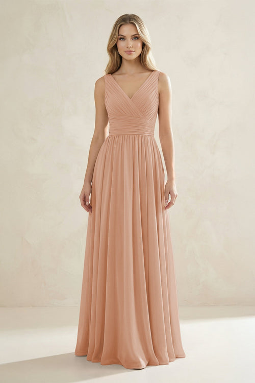 V - Neck Pleated A - Line Bridesmaid Dress in Champagne Rose - KissProm Bridesmaid Dresses