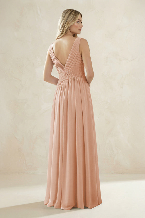 V - Neck Pleated A - Line Bridesmaid Dress in Champagne Rose - KissProm Bridesmaid Dresses
