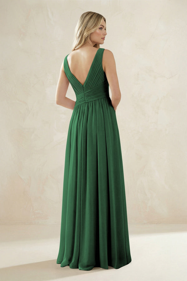 V - Neck Pleated A - Line Bridesmaid Dress in Dark Green - KissProm Bridesmaid Dresses