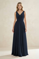 V - Neck Pleated A - Line Bridesmaid Dress in Dark Navy - KissProm Bridesmaid Dresses