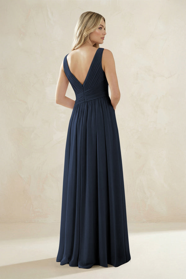V - Neck Pleated A - Line Bridesmaid Dress in Dark Navy - KissProm Bridesmaid Dresses