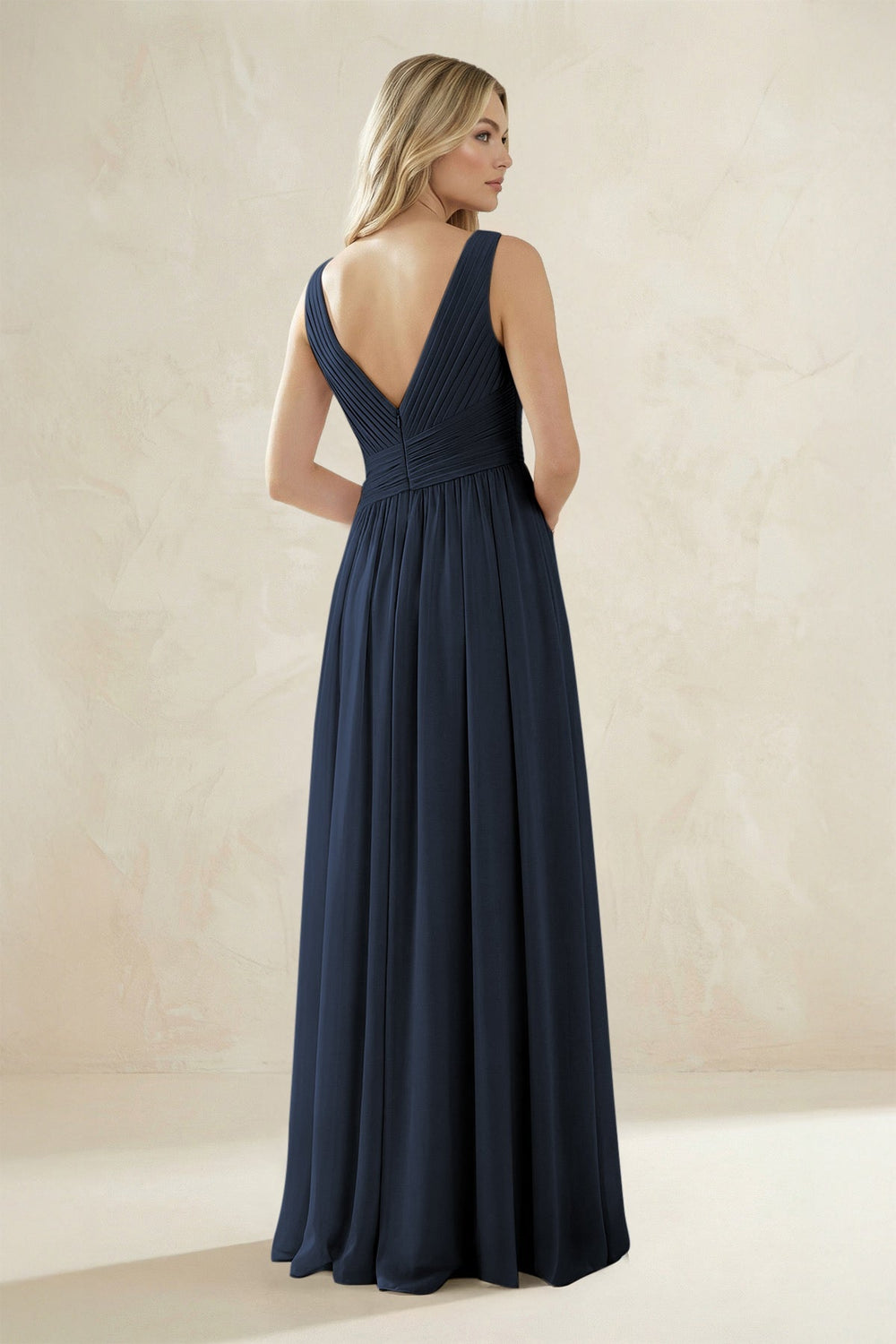 V - Neck Pleated A - Line Bridesmaid Dress in Dark Navy - KissProm Bridesmaid Dresses