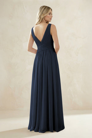 V - Neck Pleated A - Line Bridesmaid Dress in Dark Navy - KissProm Bridesmaid Dresses