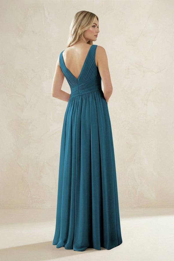 V - Neck Pleated A - Line Bridesmaid Dress in Dark Teal - KissProm Bridesmaid Dresses