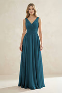 V - Neck Pleated A - Line Bridesmaid Dress in Dark Teal - KissProm Bridesmaid Dresses