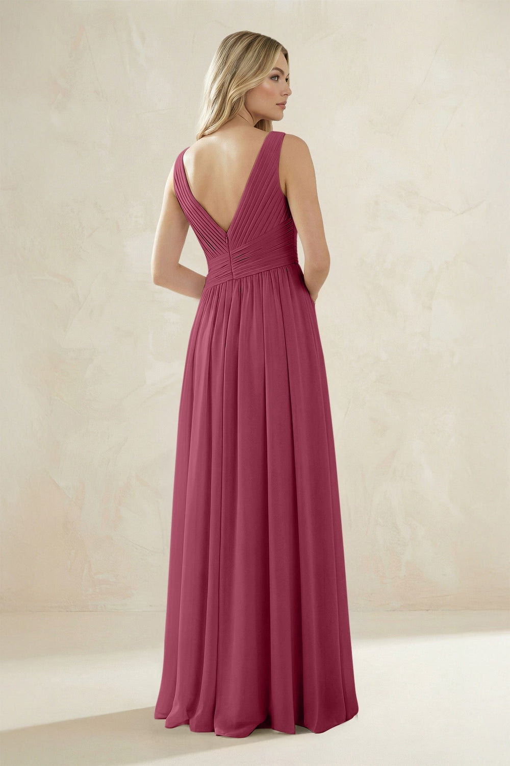 V - Neck Pleated A - Line Bridesmaid Dress in Desert Rose - KissProm Bridesmaid Dresses