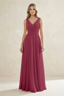 V - Neck Pleated A - Line Bridesmaid Dress in Desert Rose - KissProm Bridesmaid Dresses