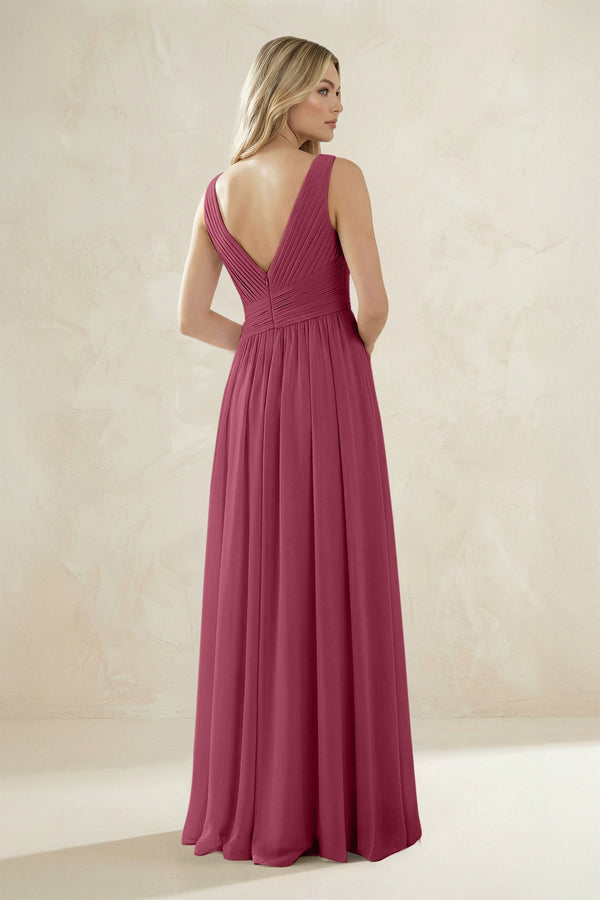 V - Neck Pleated A - Line Bridesmaid Dress in Desert Rose - KissProm Bridesmaid Dresses