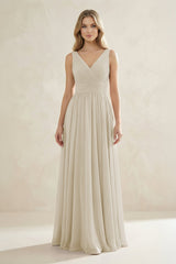 V - Neck Pleated A - Line Bridesmaid Dress in Dove Gray - KissProm Bridesmaid Dresses