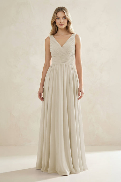 V - Neck Pleated A - Line Bridesmaid Dress in Dove Gray - KissProm Bridesmaid Dresses