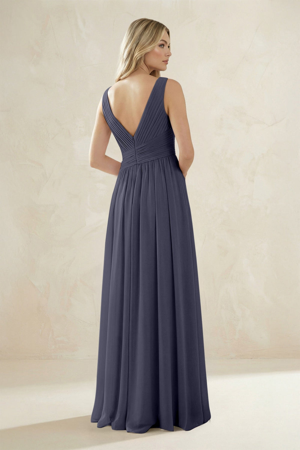 V - Neck Pleated A - Line Bridesmaid Dress in Dusk Blue - KissProm Bridesmaid Dresses