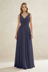 V - Neck Pleated A - Line Bridesmaid Dress in Dusk Blue - KissProm Bridesmaid Dresses