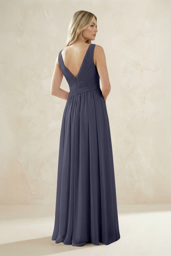 V - Neck Pleated A - Line Bridesmaid Dress in Dusk Blue - KissProm Bridesmaid Dresses