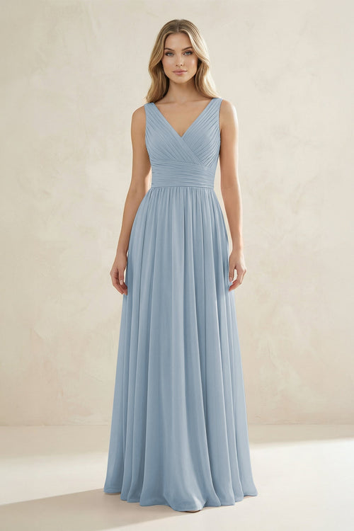V - Neck Pleated A - Line Bridesmaid Dress in Dusty Blue - KissProm Bridesmaid Dresses