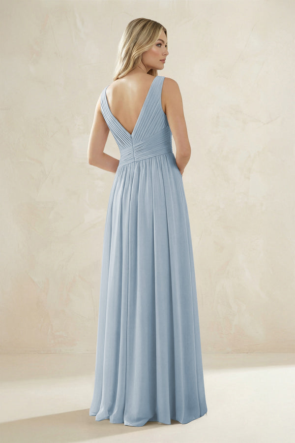V - Neck Pleated A - Line Bridesmaid Dress in Dusty Blue - KissProm Bridesmaid Dresses