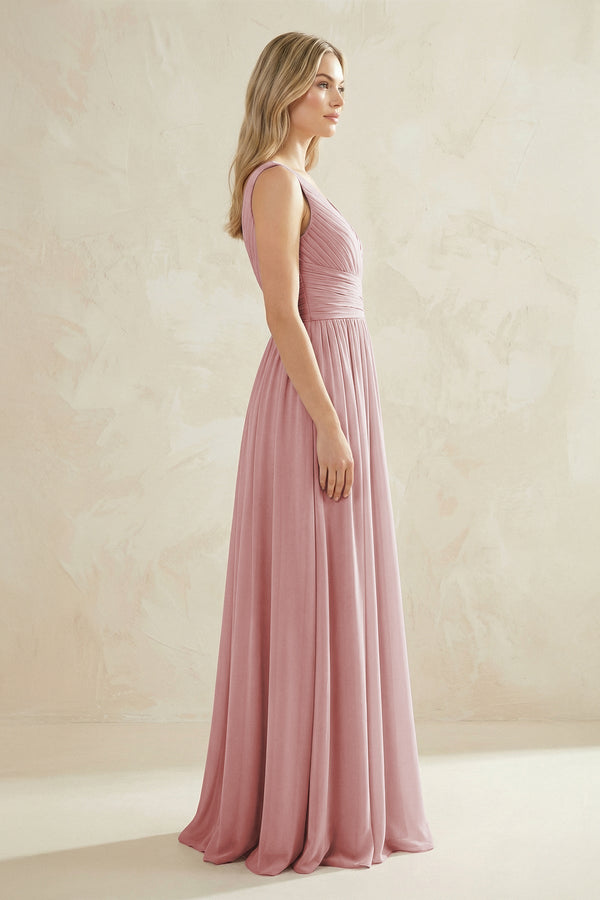 V - Neck Pleated A - Line Bridesmaid Dress in Dusty Rose - KissProm Bridesmaid Dresses