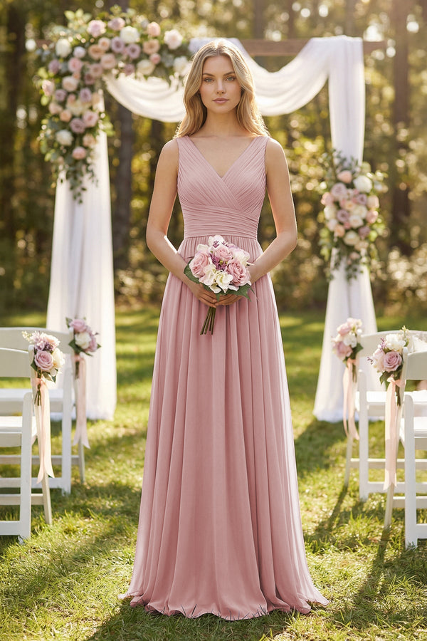 KissProm | V-Neck Pleated A-Line Bridesmaid Dress in Dusty Rose KissProm | V-Neck Pleated A-Line Bridesmaid Dress in Dusty Rose