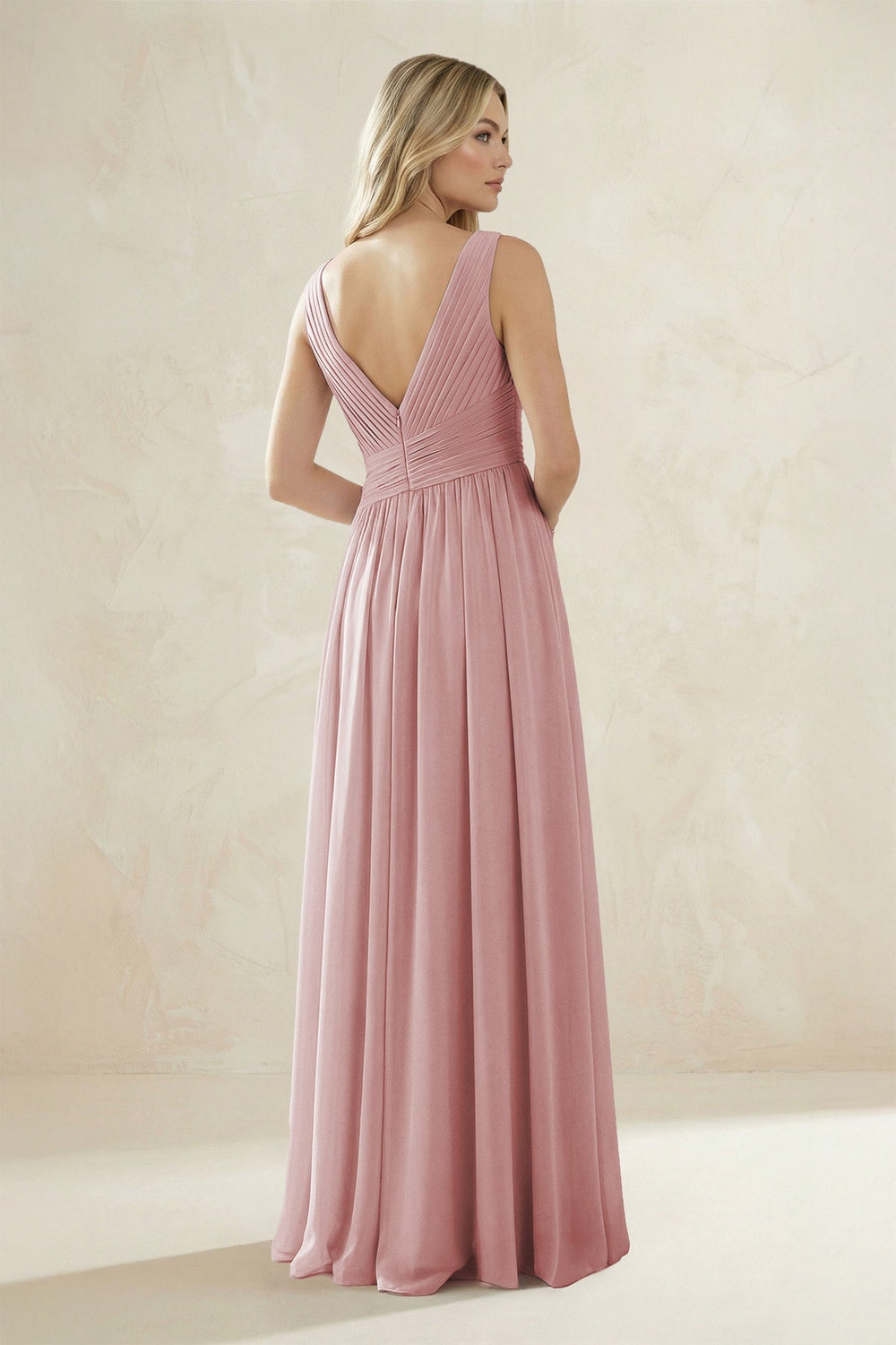 V - Neck Pleated A - Line Bridesmaid Dress in Dusty Rose - KissProm Bridesmaid Dresses