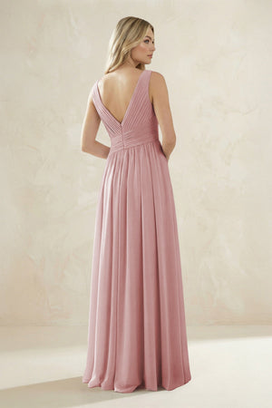 V - Neck Pleated A - Line Bridesmaid Dress in Dusty Rose - KissProm Bridesmaid Dresses